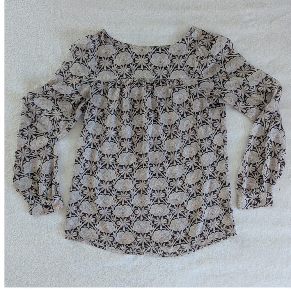 Ann Taylor LOFT Blouse Tan Floral Geometric Long Sleeve Top Sz S Cottagecore